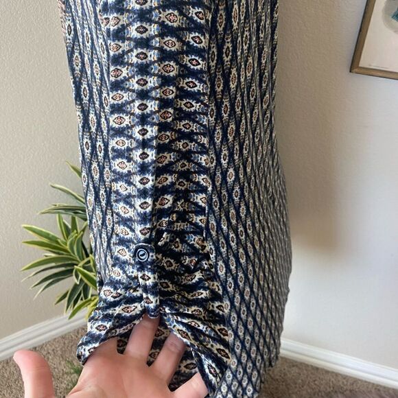 Olive Tree Boho Blue Tan Open Front Duster Cardigan sz M - Picture 2 of 7